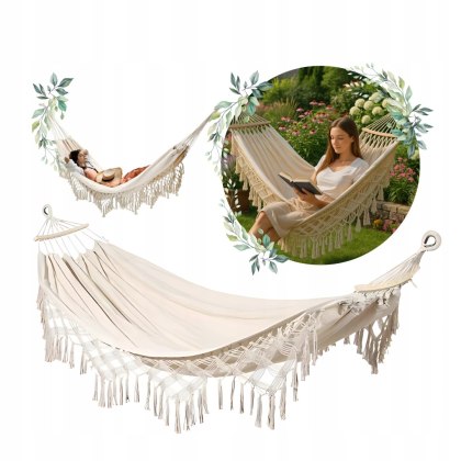 Hamak Boho Ogrodowy Beżowy z Frędzlami Dekoracyjny 200x150 Duży Mocny DY01